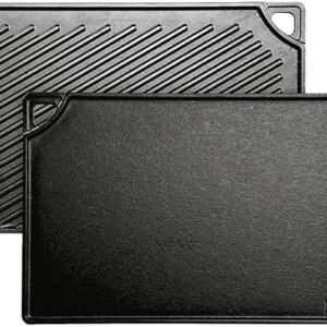 Lodge Reversible Cast Iron Grill/Griddle – 9.5 x 16.75 Inch Pre-Seasoned Cooking Surface – Flat & Ribbed Sides – Use on Stove, Grill, or Campfire – Made in the USA – Heavy-Duty, Black