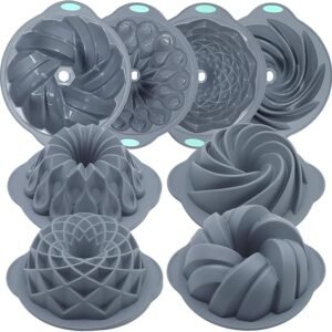 Tongjude 4 Pieces Silicone Fluted Cake Pans, 10/12 Cups Tube Baking Pan, Silicone Molds for Homemade Cake, Bread and Jello, Non-Stick, Grey
