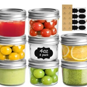 ComSaf Mini Mason Jars 4oz - 8 Pack, Regular Mouth Mason Jar with Lids and Seal Bands, Small Glass Canning Jar for Spice, Jam, Honey, Jelly, Dessert, Shower Wedding Favors, DIY Candles Decor
